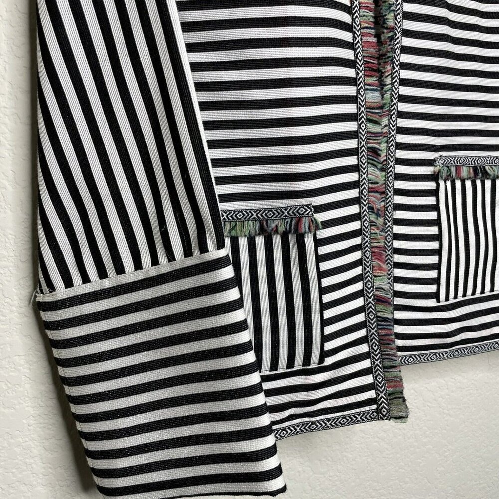 A LA CARTE Funfetti Black White Stripe Open Front Blazer Fringe Trim Wms Sz S - Picture 7 of 13